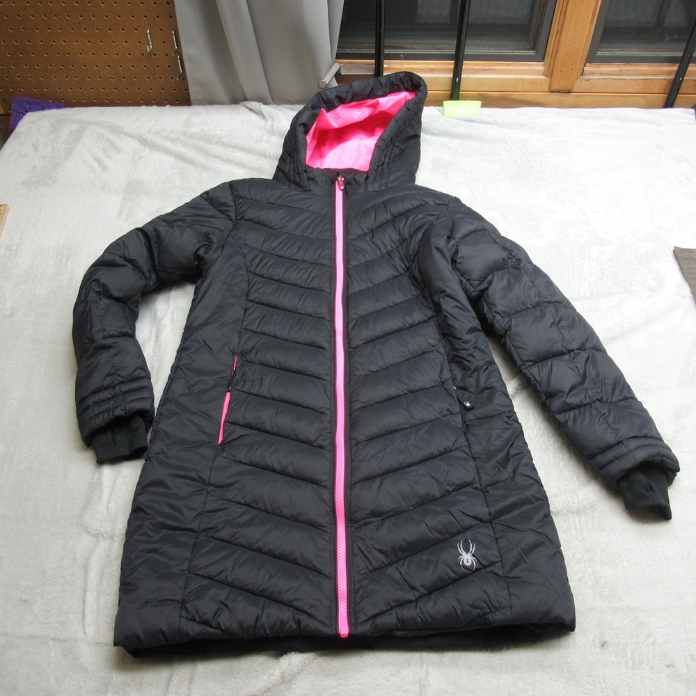 Spyder Jacket Girls Large 14/16 Black Hooded Insulated Winter Long Quilted Puff‎
